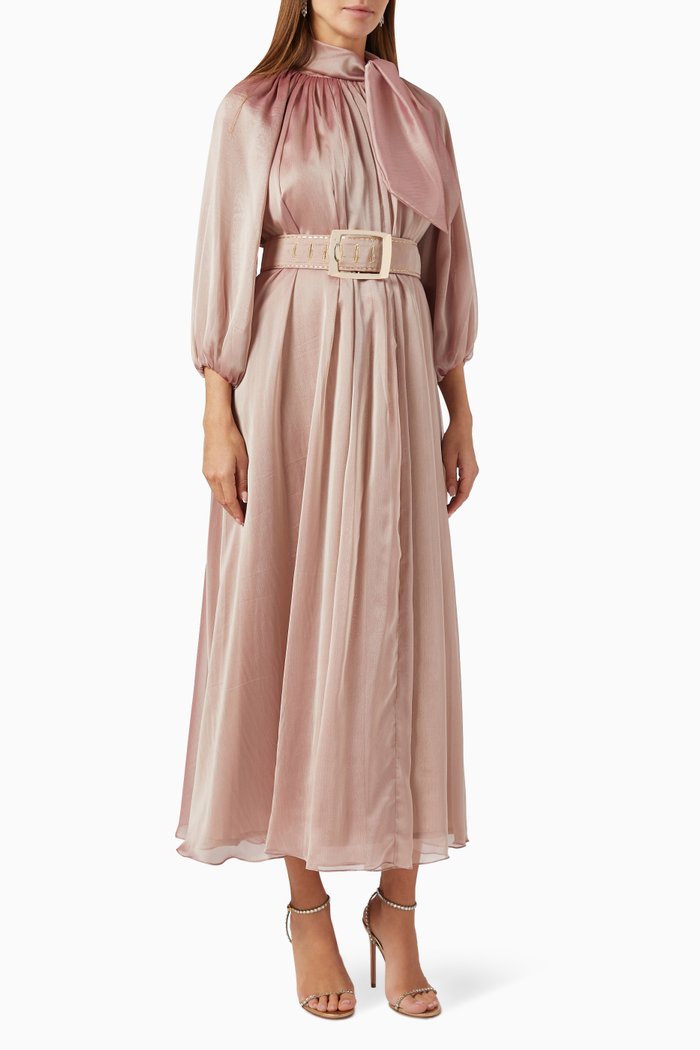 

Bow-collar Belted Dress, Gold