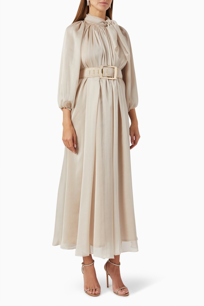 

Bow-collar Belted Dress, Neutral