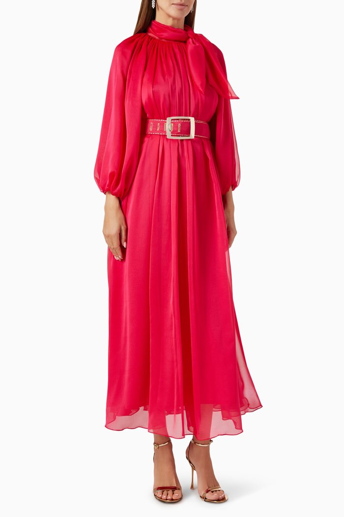

Bow-collar Belted Dress, Pink