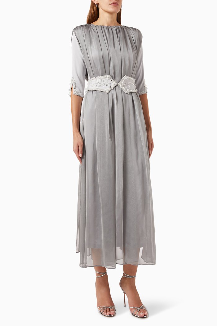 

Crystal-embellished Belted Maxi Dress, Silver