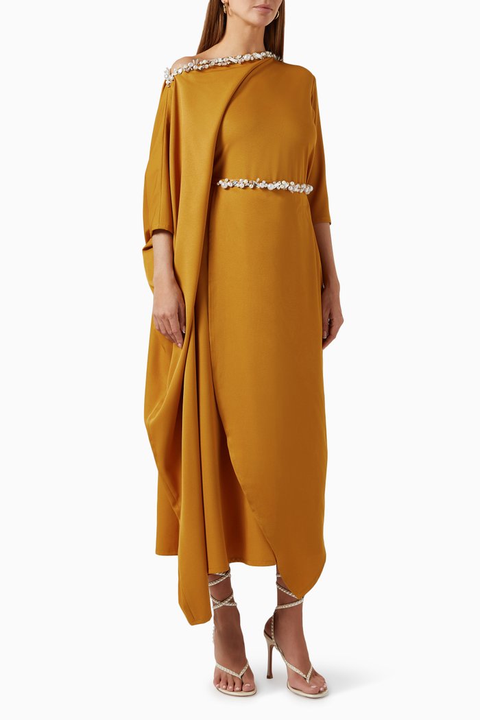 

Embellished Draped Midi Kaftan in Crepe, Yellow