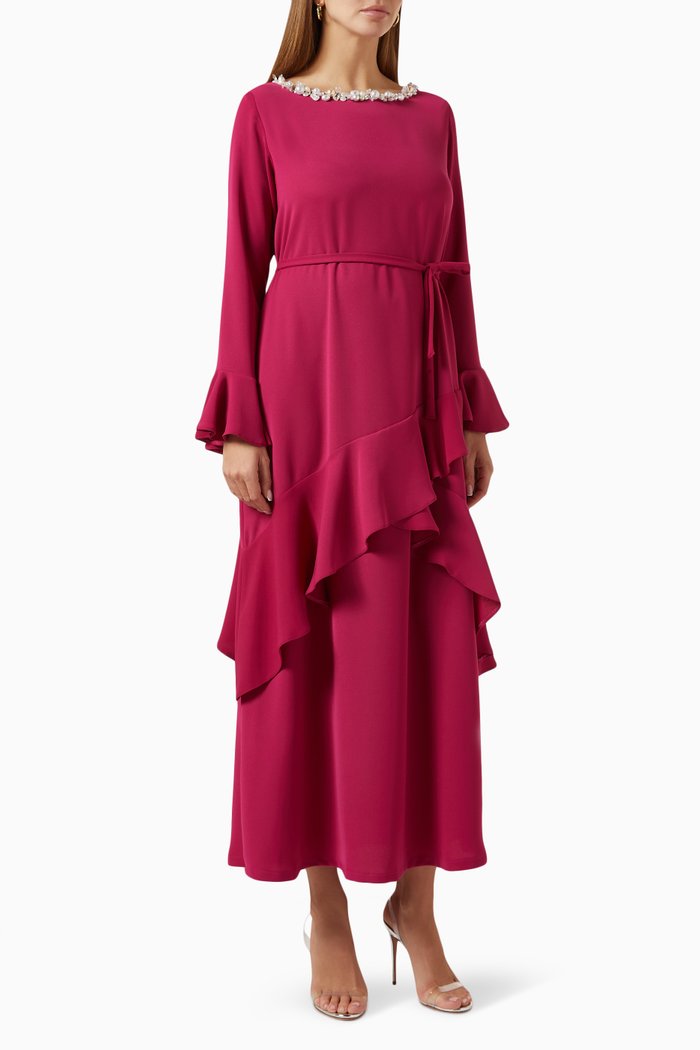 

Ruffled Midi Dress in Crepe, Pink