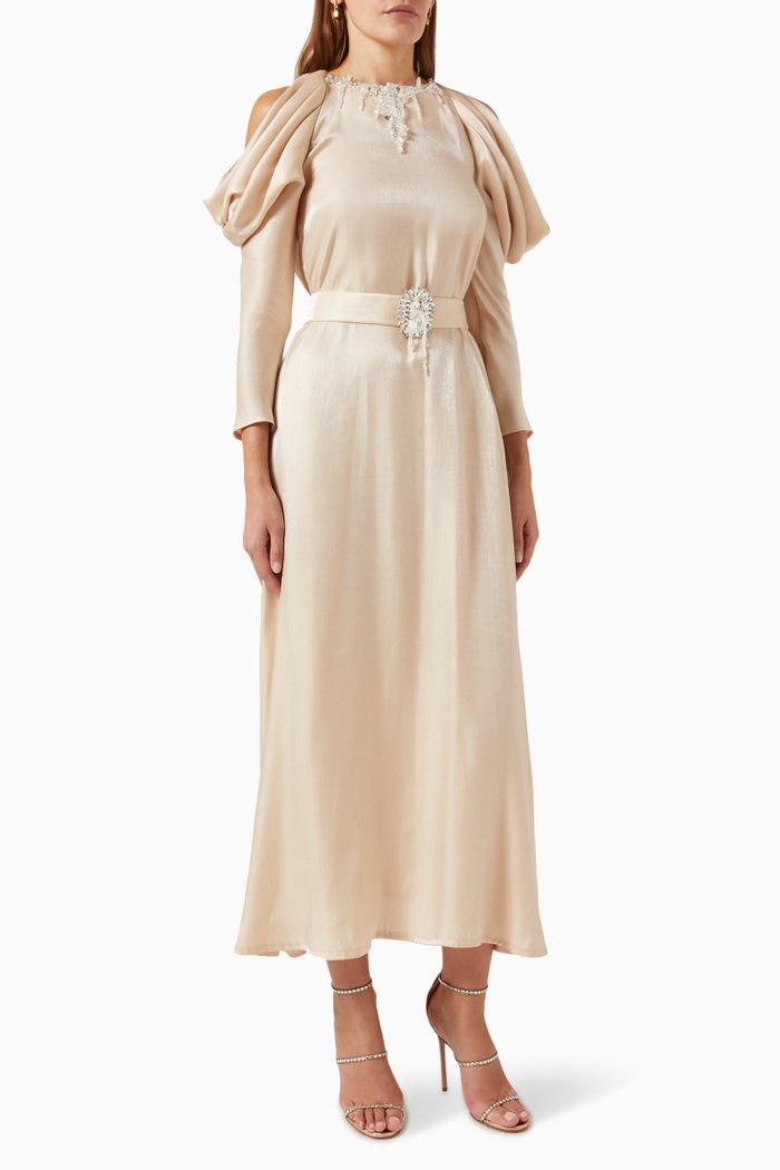 

Drop-shoulder Embellished Shimmer Midi Dress in Cotton, Neutral