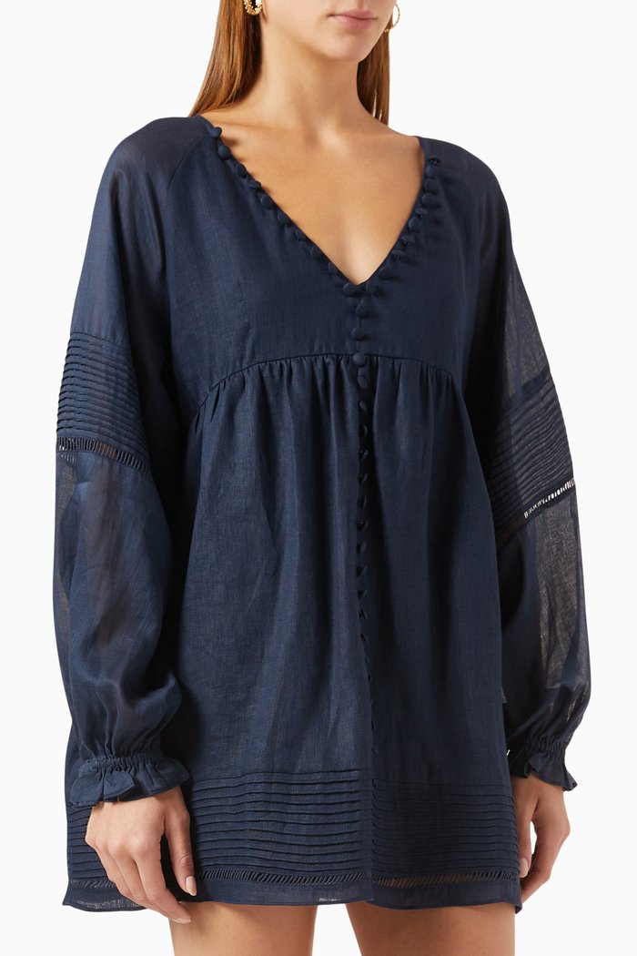 

Lillian Mini Dress in Linen, Blue