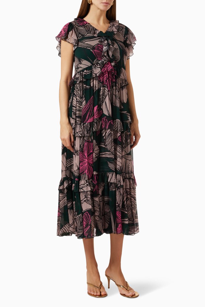 

Tiered Floral Midi Dress in Chiffon, Green