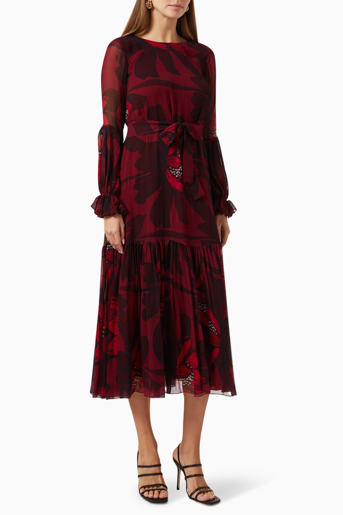 

Floral Ruffled Midi Dress in Chiffon, Pink