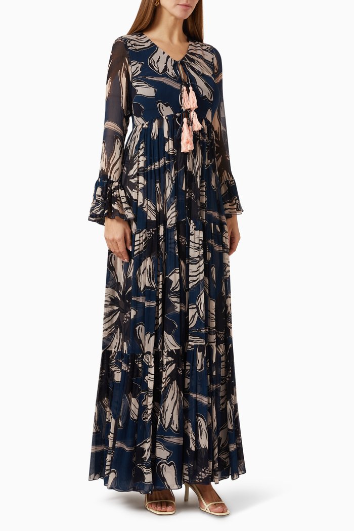 

Floral Tasseled Cape in Chiffon, Blue