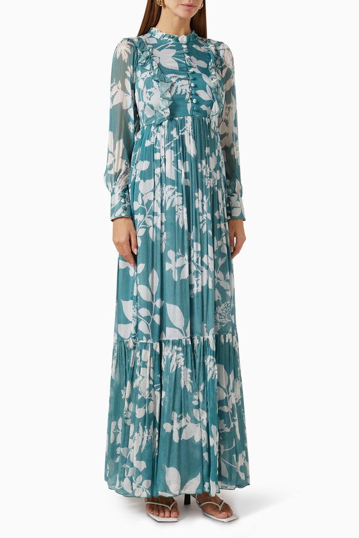 

Floral-print Ruffled Maxi Dress in Chiffon, Blue
