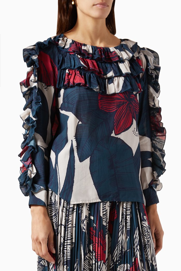 

Floral Frill Top in Muslin Silk, Blue