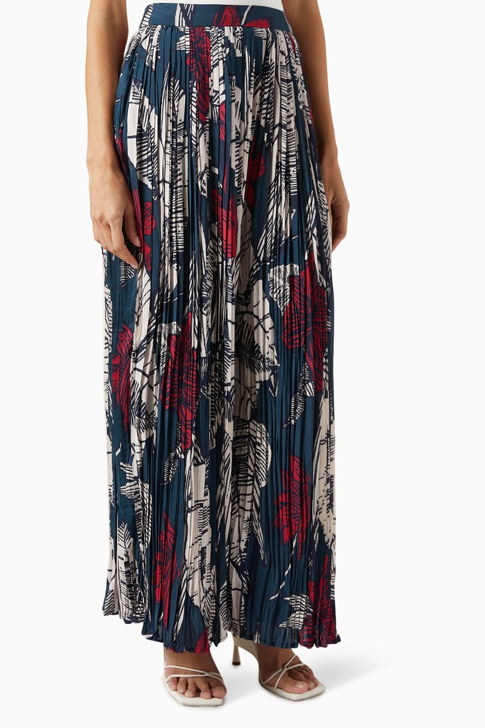 

Floral-print Wide-leg Pants in Crinkled Silk, Blue