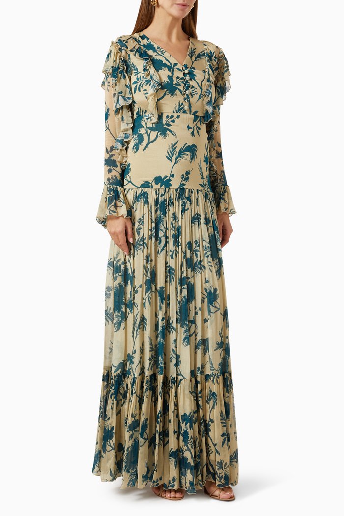 

Floral-print Frilled Maxi Dress in Chiffon, Blue