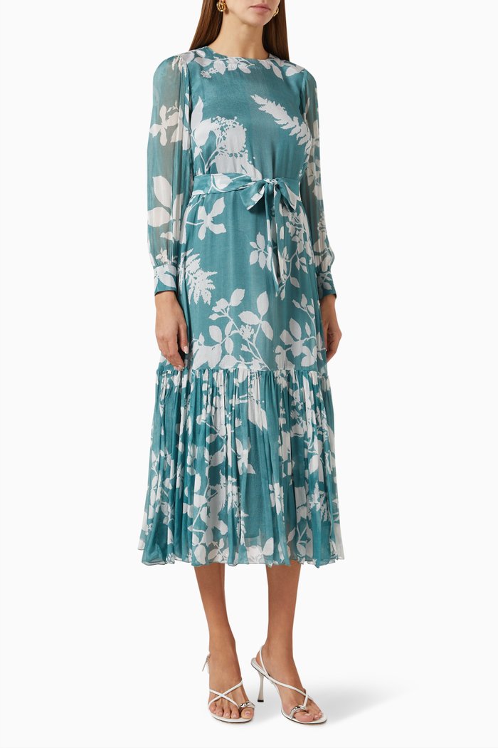 

Floral Tiered Midi Dress in Chiffion, Blue