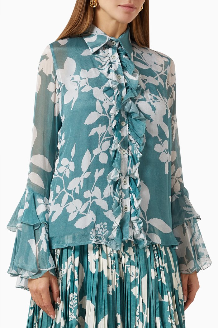 

Floral Ruffled Top in Chiffon, Blue