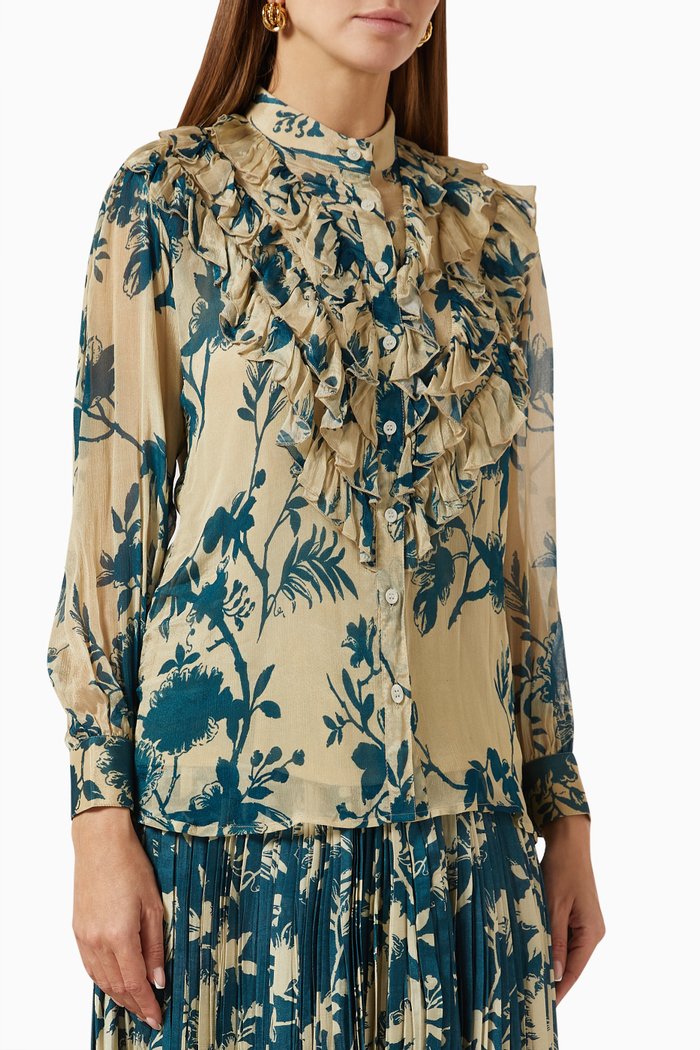 

Floral-print Frilled Top in Chiffon, Green