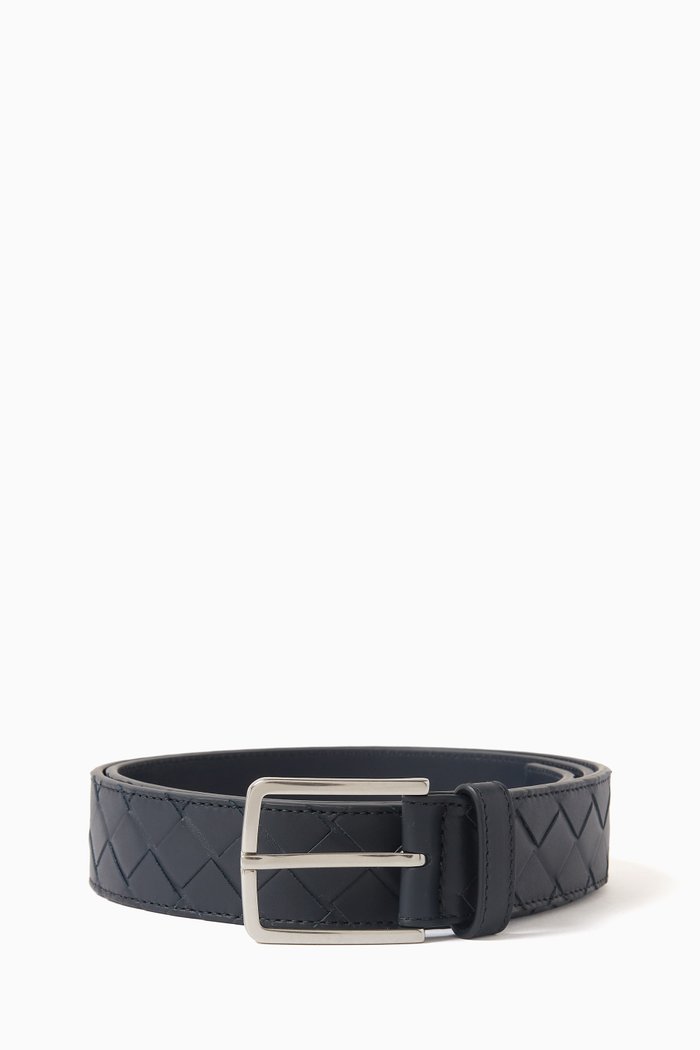 Intrecciato Belt in Calfskin Leather, Blue