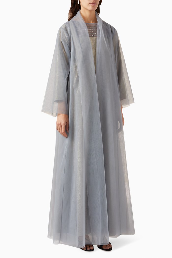 

3-piece Embellished Abaya Set in Tulle & Lurex-taffeta, Grey