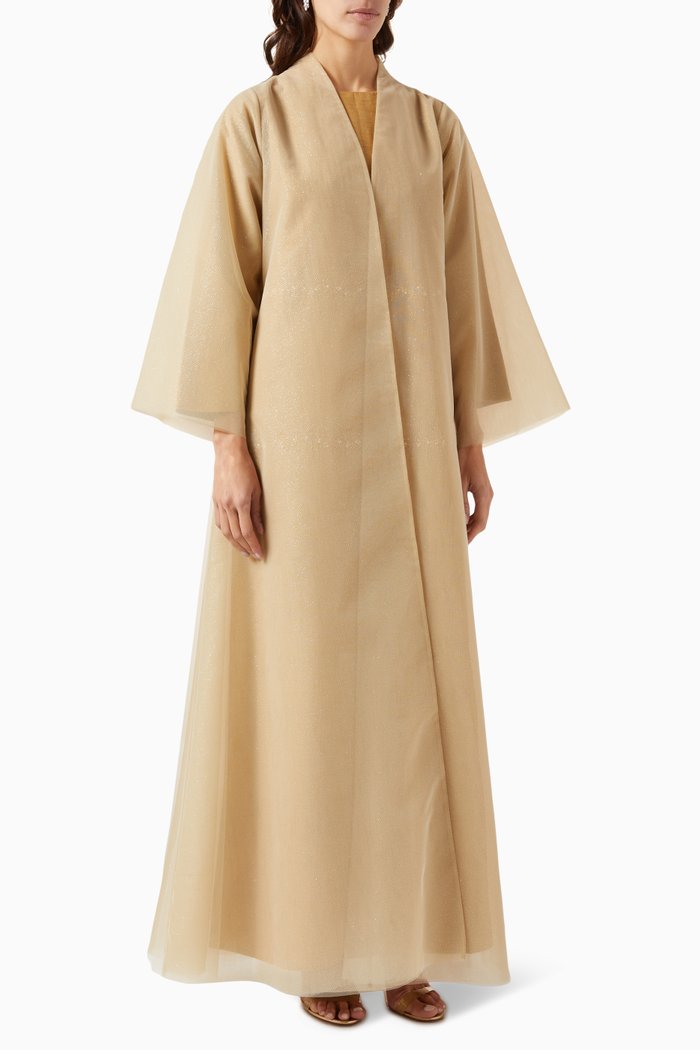 

3-piece Bead-embellished Abaya Set in Tulle & Raw-silk, Yellow