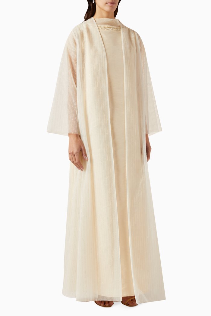 

3-piece Bead-embellished Abaya Set in Tulle & Raw-silk, Neutral