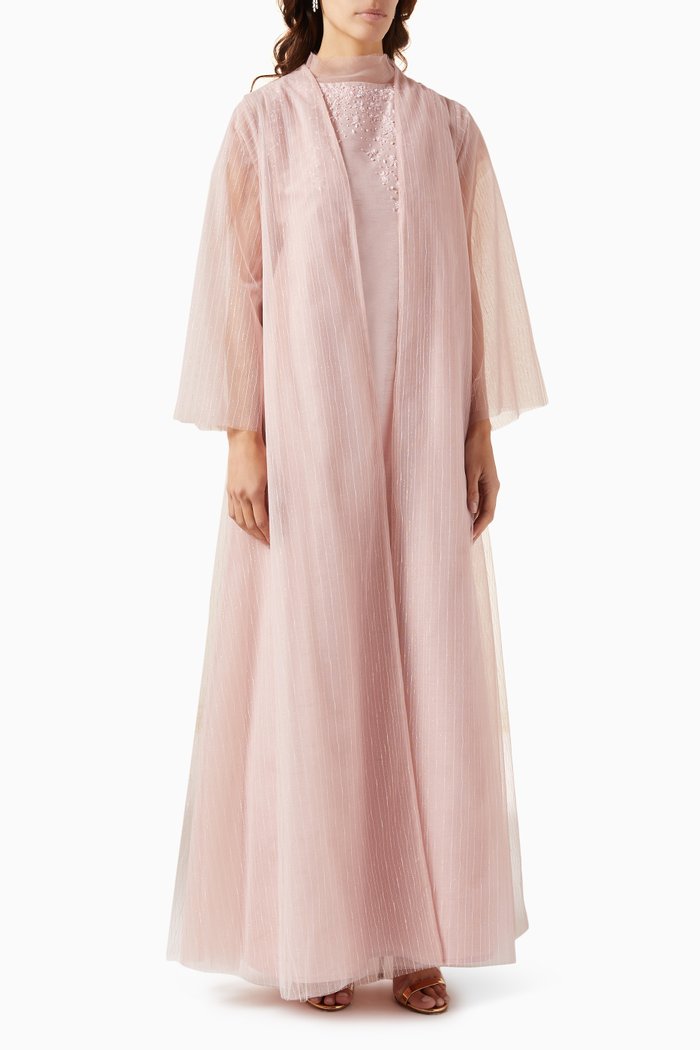 

3-piece Bead-embellished Abaya Set in Tulle & Raw-silk, Pink