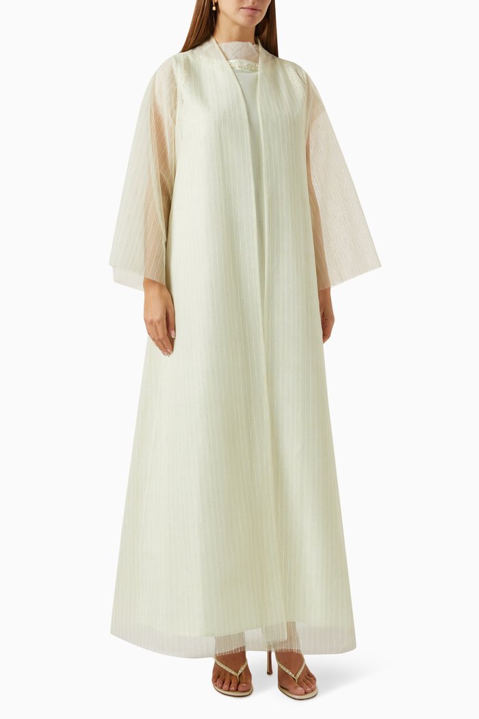 

3-piece Bead-embellished Abaya Set in Tulle & Rawsilk, Yellow