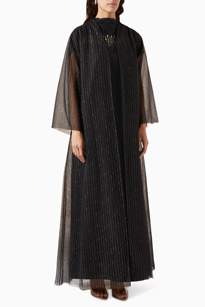 

3-piece Bead-embellished Abaya Set in Tulle & Raw-silk, Black
