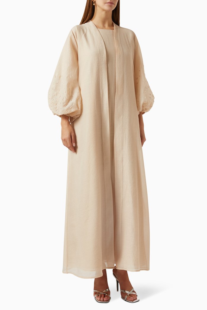 

3-piece Sequin-embellished Abaya Set in Organza, Neutral