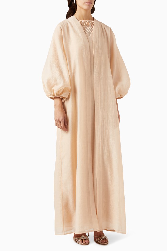 3-piece Bead-embellished Abaya Set in Organza, Neutral