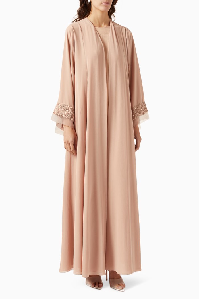 

3-piece Bead-embellished Abaya Set in Chiffon & Satin, Neutral