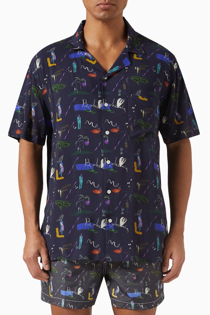 

Graphic Print Short Sleeved Shirt in Cotton, Blue