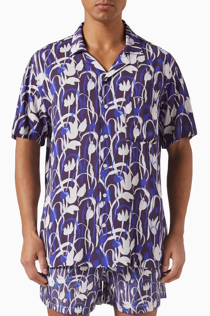 

Tulip Print Short Sleeved Shirt in Cotton, Purple