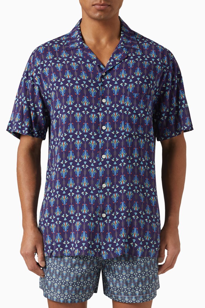 

Graphic Print Short Sleeved Shirt in Cotton, Blue