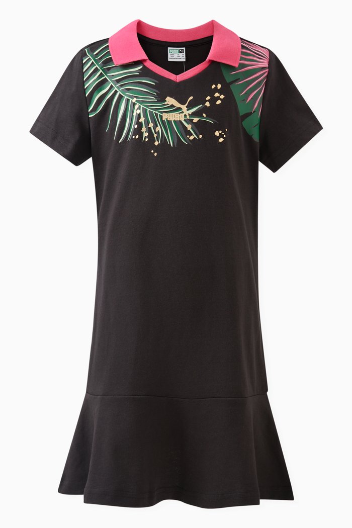 

Leaf-print Polo Dress in Cotton, Black