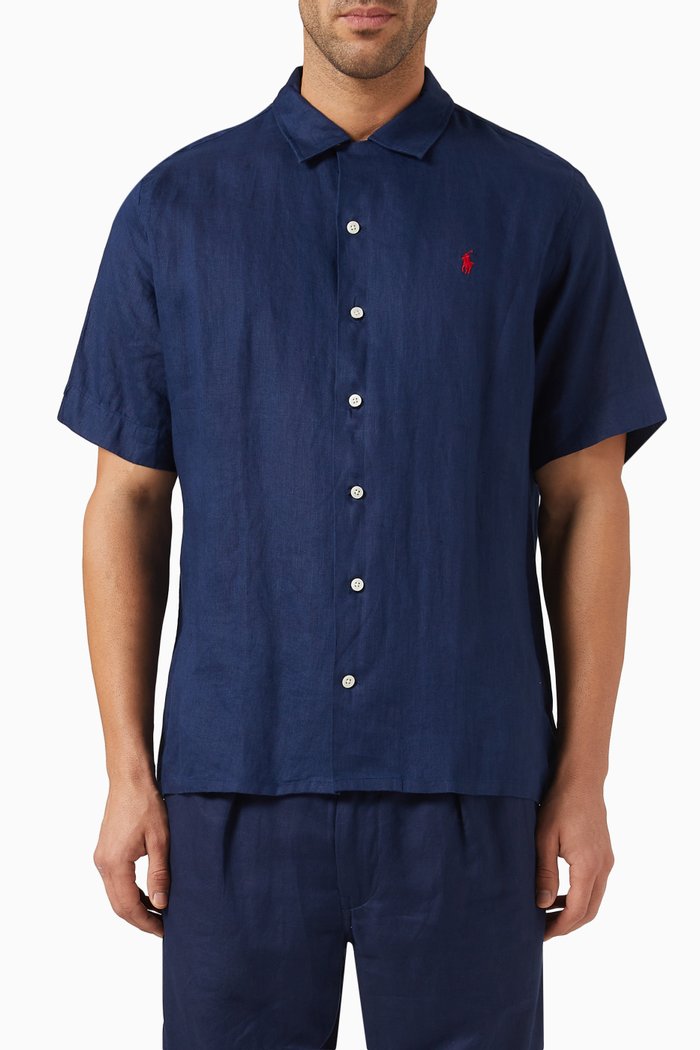 

Short Sleeved Sport Shirt in Linen, Blue