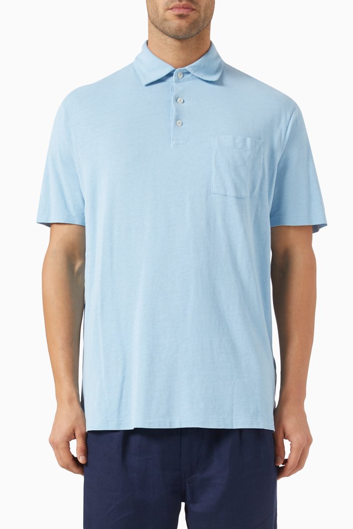 

Patch Pocket Polo Shirt in Cotton Blend, Blue