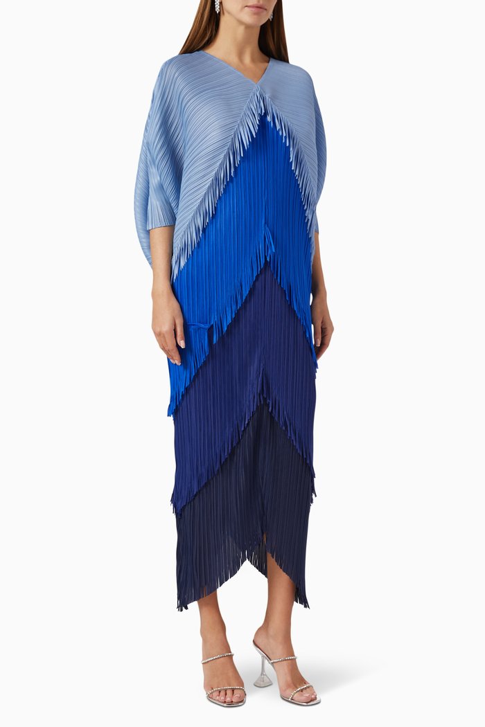 

Kimono Fringe Dress in Crinkled Nylon, Blue