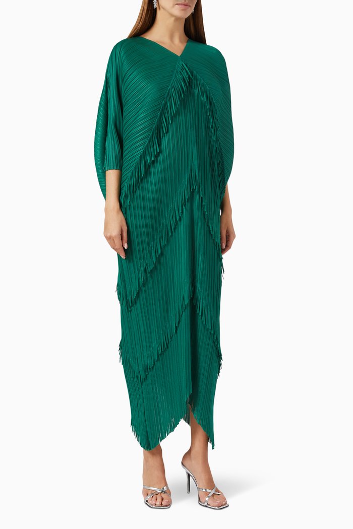 

Kimono Fringe Dress in Crinkled Nylon, Green