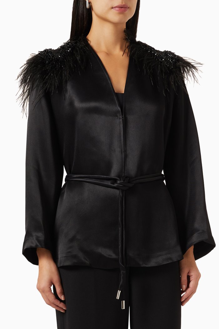 

Feather-trimmed Belted Jacket in Satin, Black