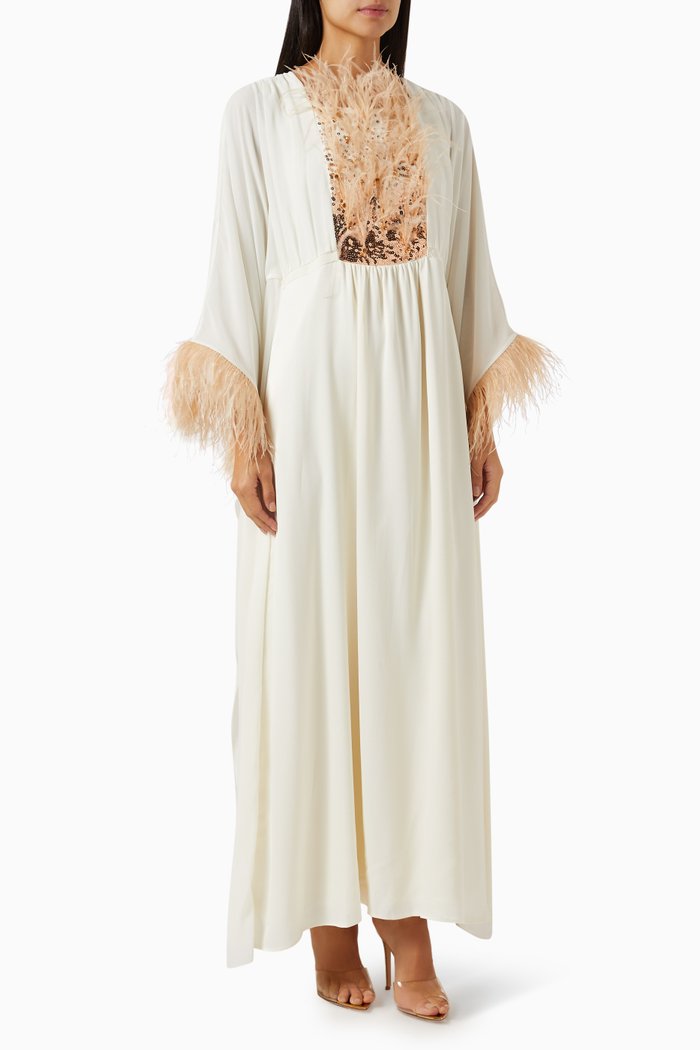 

Feather-trimmed Embellished Maxi Dress in Viscose-blend, White