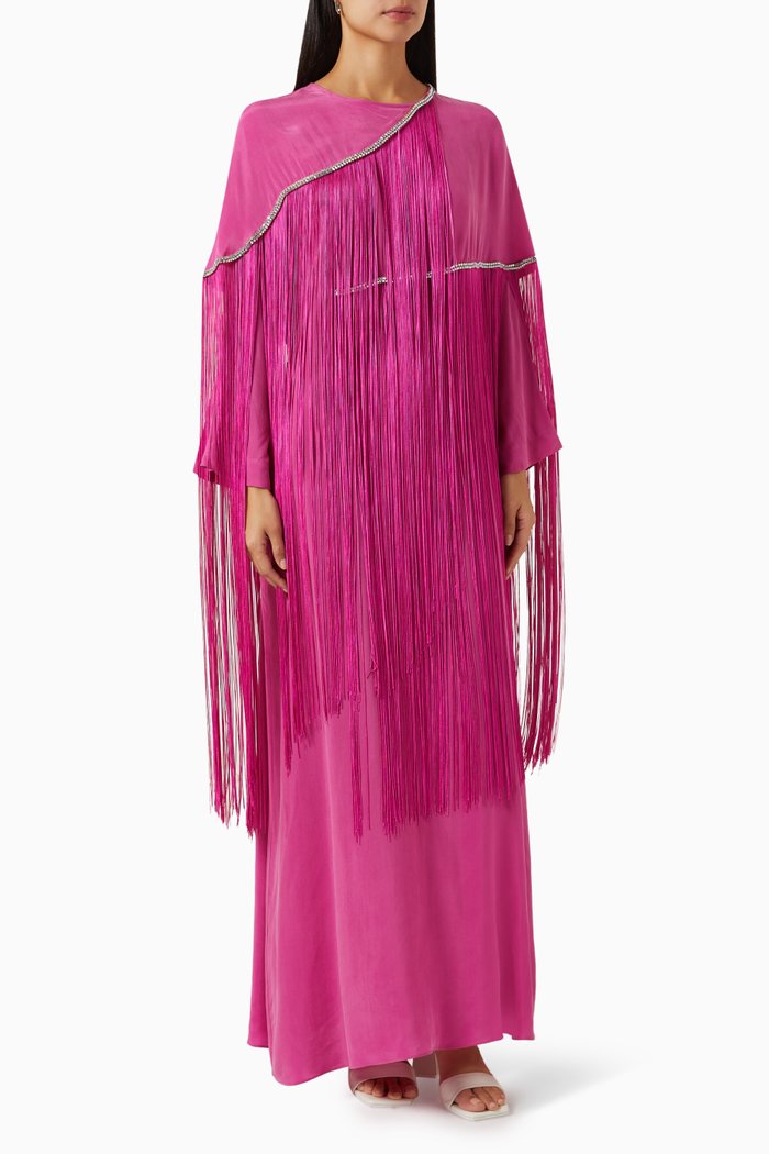 

Fringed Cape Maxi Dress in Cupro, Pink
