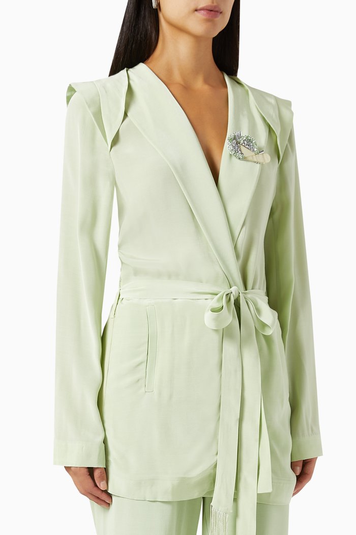 

Brooch-embellished Belted Jacket in Viscose, Green