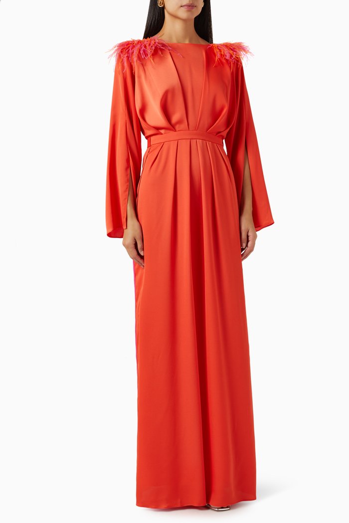 

Feather-trimmed Pleated-back Maxi Dress in Chiffon, Orange