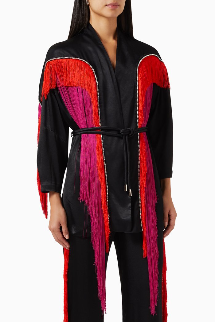

Fringe-trimmed Belted Tunic in Viscose-blend, Black