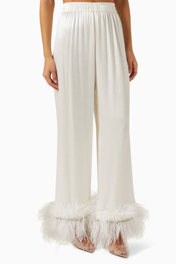 

Feather-trimmed Pants in Viscose-satin, White