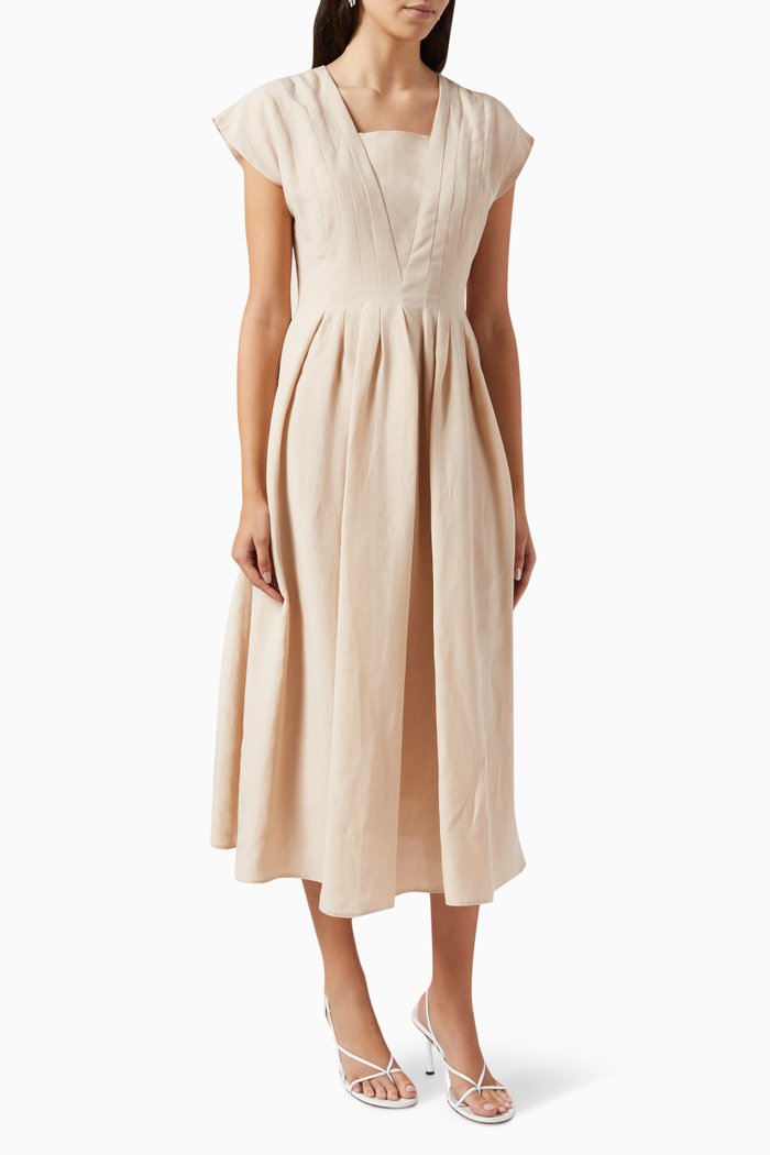 Pleated Midi Dress in Tencel-blend, Neutral