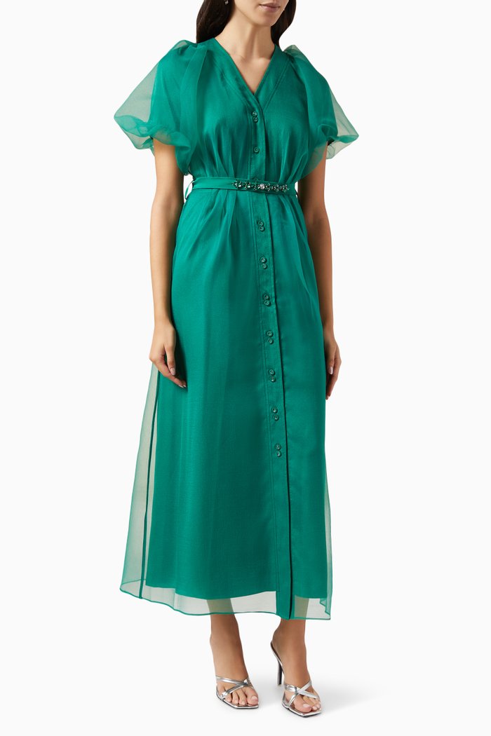 

Belted Midi Dress in Organza, Green