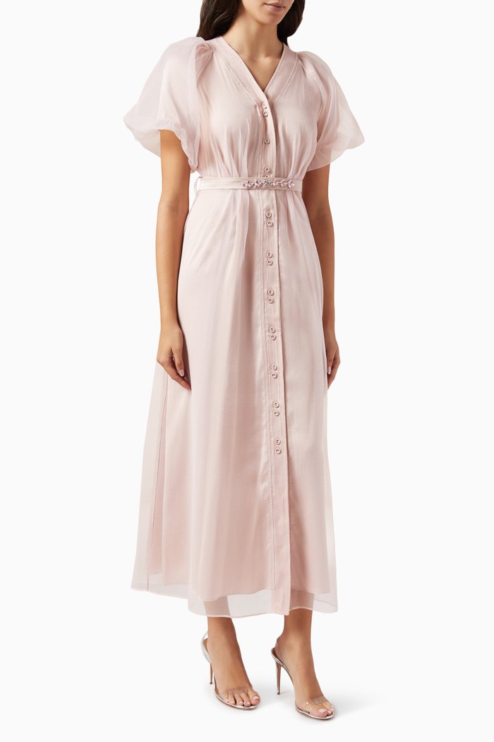 

Belted Midi Dress in Organza, Pink