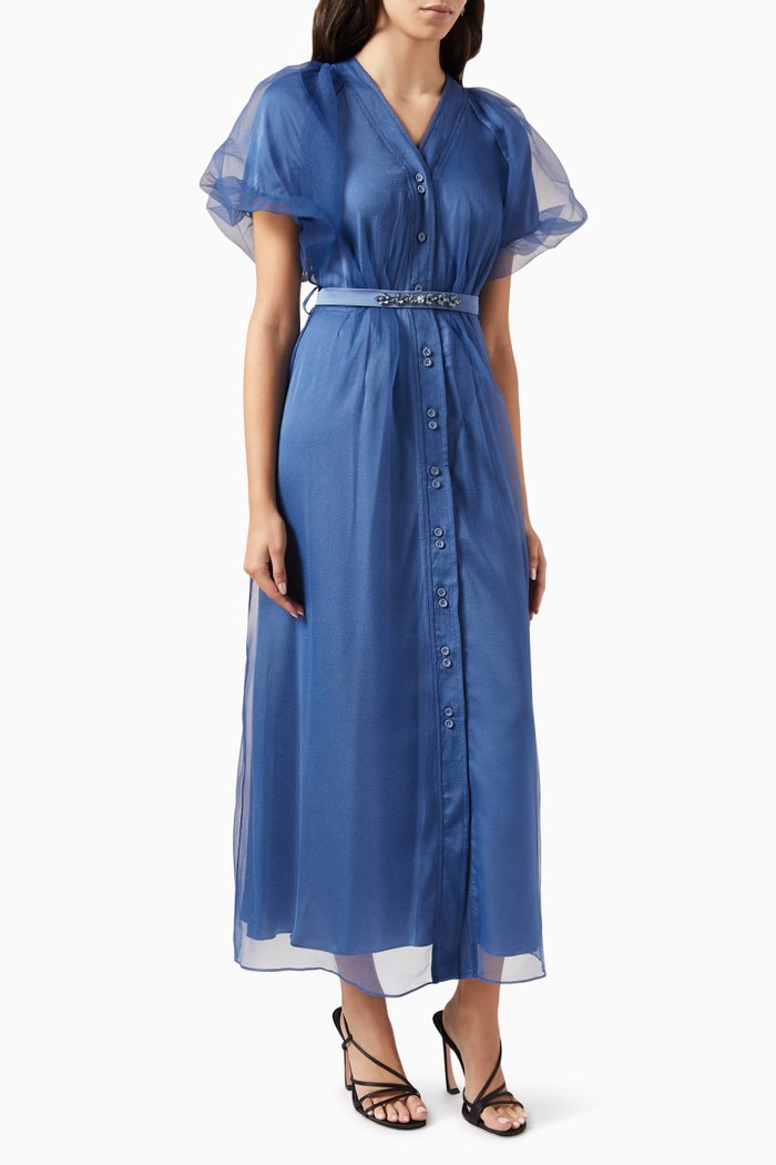

Belted Midi Dress in Organza, Blue