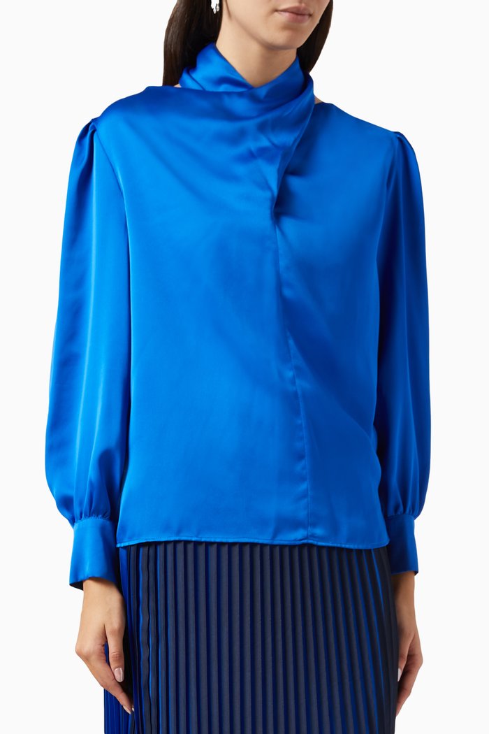 

Draped-neck Top in Satin, Blue