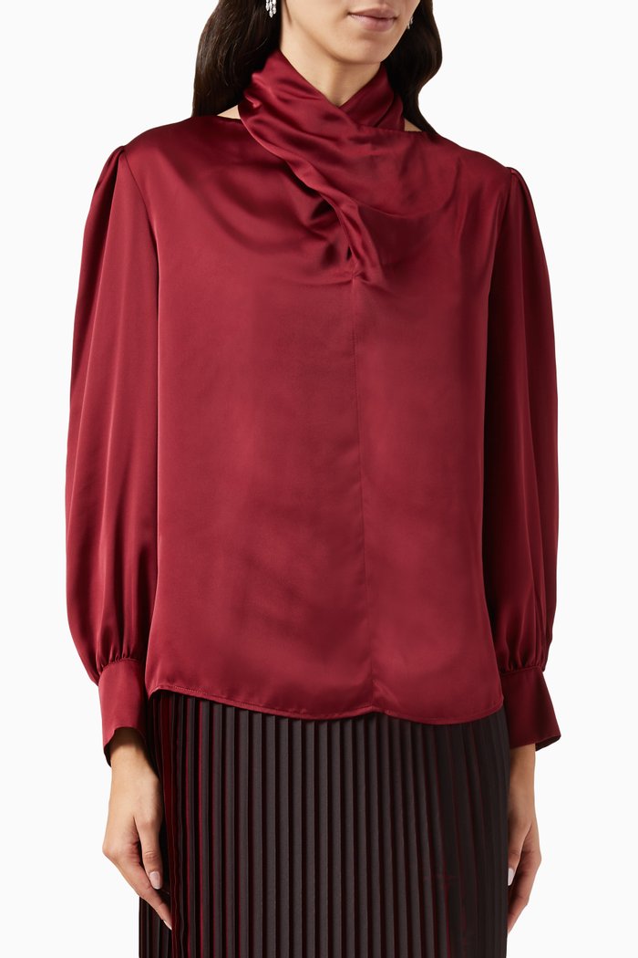 

Draped-neck Top in Satin, Red