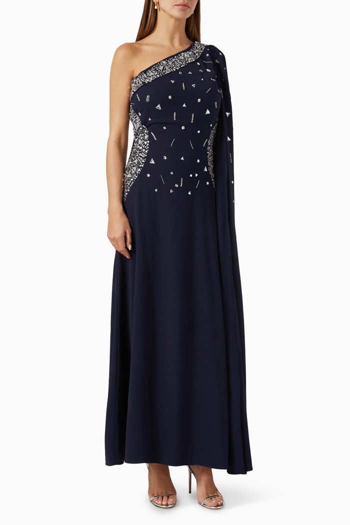 

One-shoulder Beaded Gown in Crepe, Blue